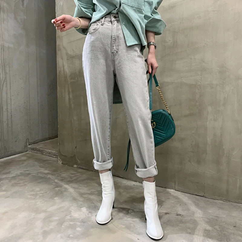 Женские винтажные прямые джинсы Mozuleva свободные серые с высокой талией и