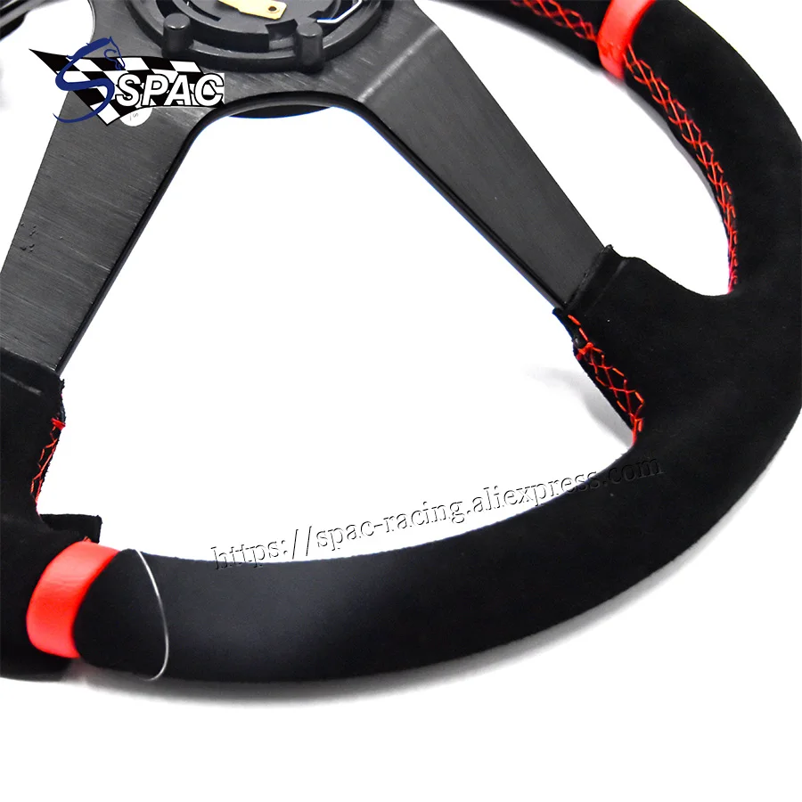 Автомобильный руль 350 мм Глубокая тарелка замша черная кожа красная стежка |