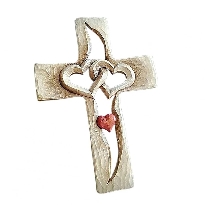 

Carved Wooden Cross Valentine's Day Wooden Love Heart Cross Intertwined Hearts Wall Hanging Ornament for Home Porch Living Room