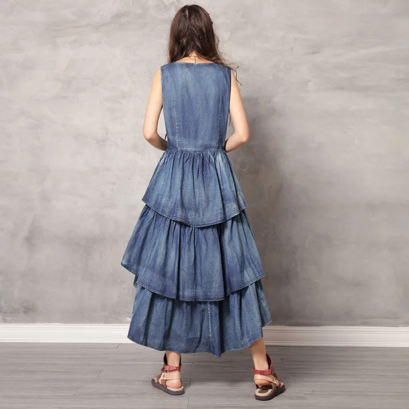 Женское винтажное длинное джинсовое платье с круглым вырезом многослойное без