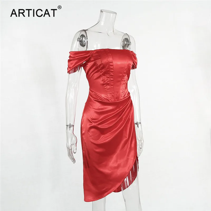 Articat, сексуальное, необычное, с открытыми плечами, красное платье, женское, без бретелек, с разрезом, миди, сатиновое платье для женщин,, элегантные, вечерние, для клуба, Vestidos