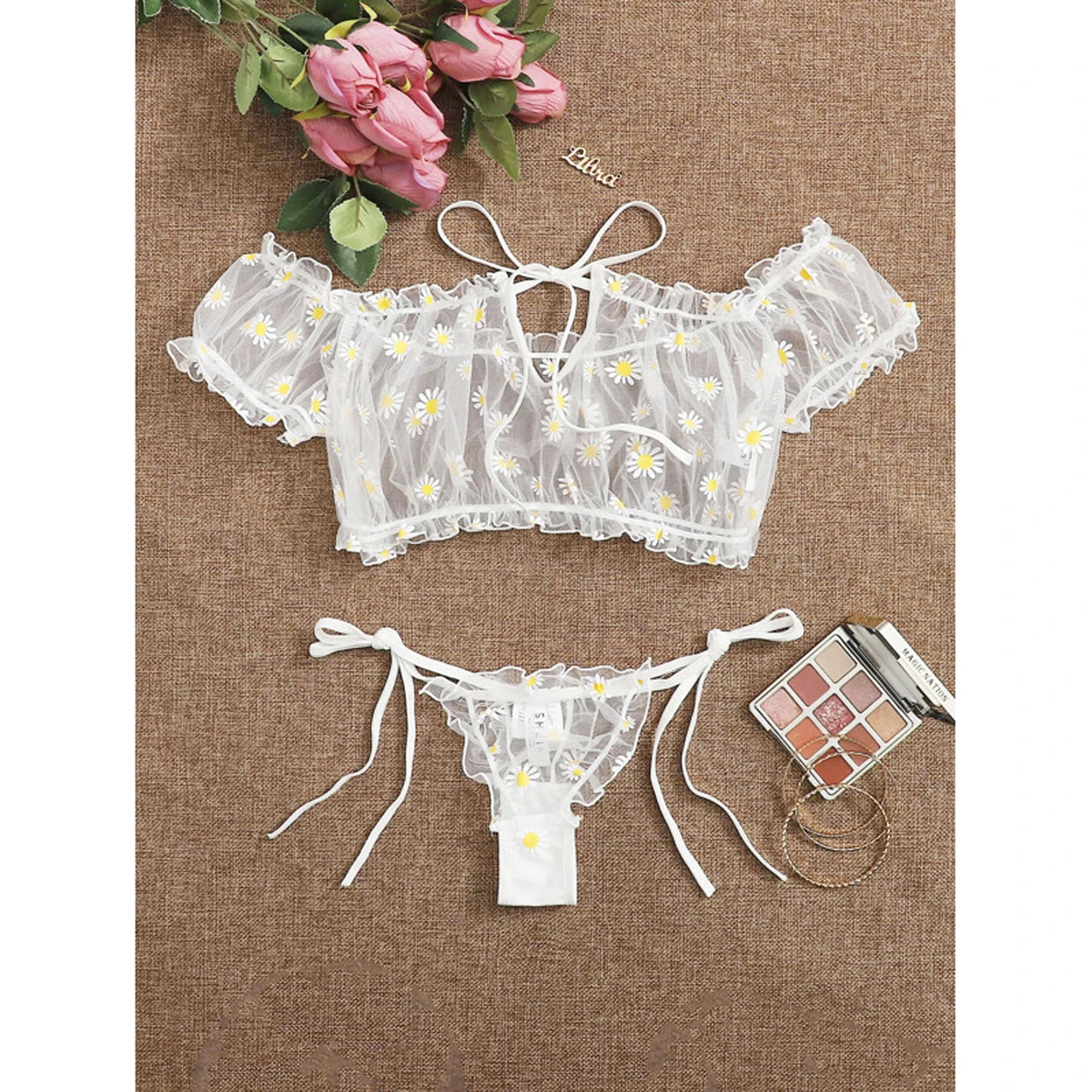 

Women Mesh Yarn Lingerie Suit Sexy Sheer Floral Printing Off-Shoulder Crop Top Tie-Waist Thong
