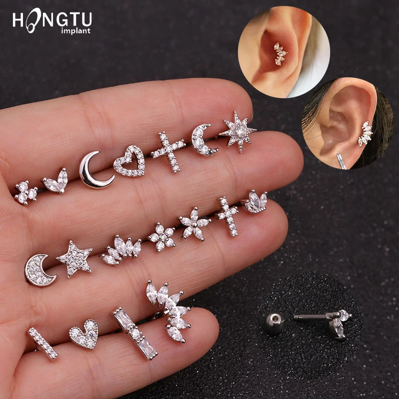 

1PC Zircon Ear Stud Earrings Stainless Steel Bar Tragus Silver Color Helix Cartilage Studs 16G Ear Piercing Jewelry for Women