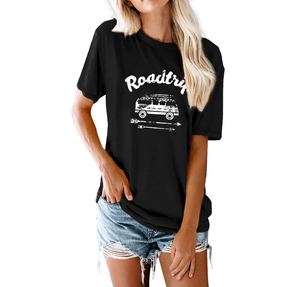 

Carney women's top car letter round neck loose short sleeve T-shirt