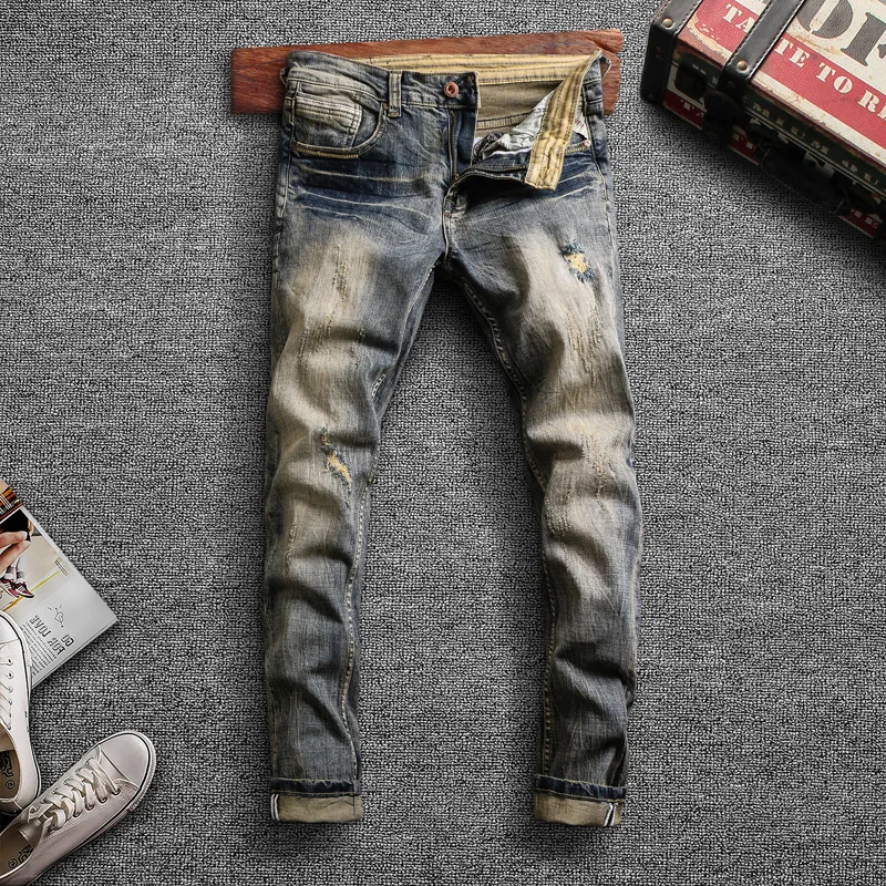 

Italian Style Fashion Men Jeans High Quality Elastic Slim Fit Ripped Denim Pants Retro Vintage Designer Cotton Long Trousers