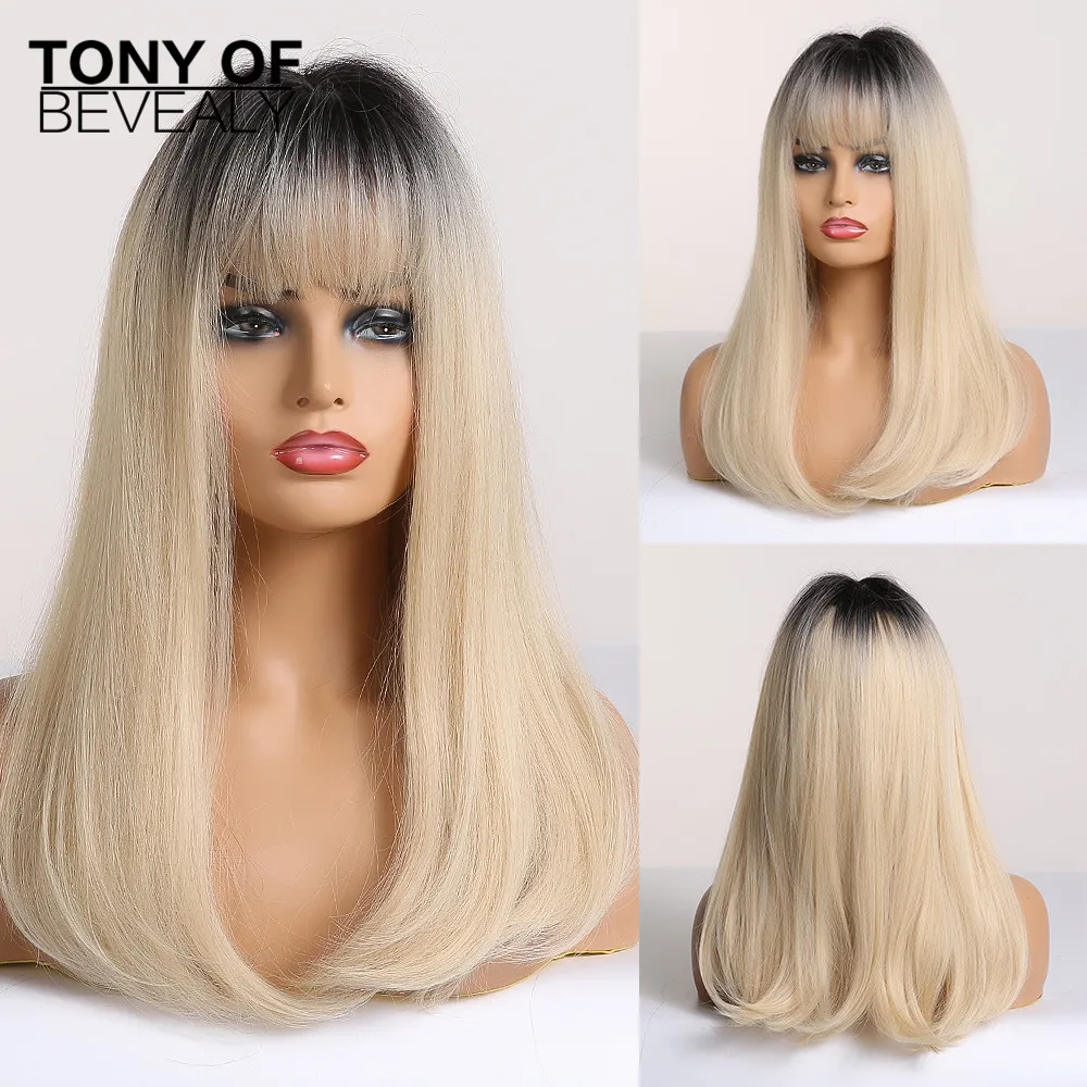 Длинные прямые черно красные парики с эффектом омбре челкой термостойкие