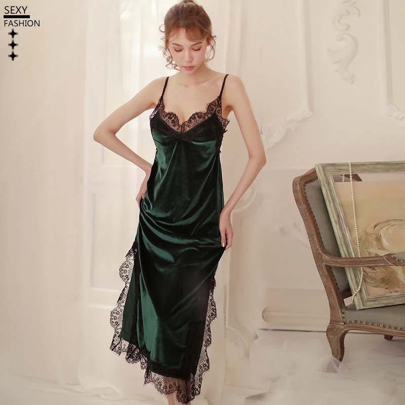 Ночная рубашка с золотистым бархатным ремешком элегантная кружевная ночная