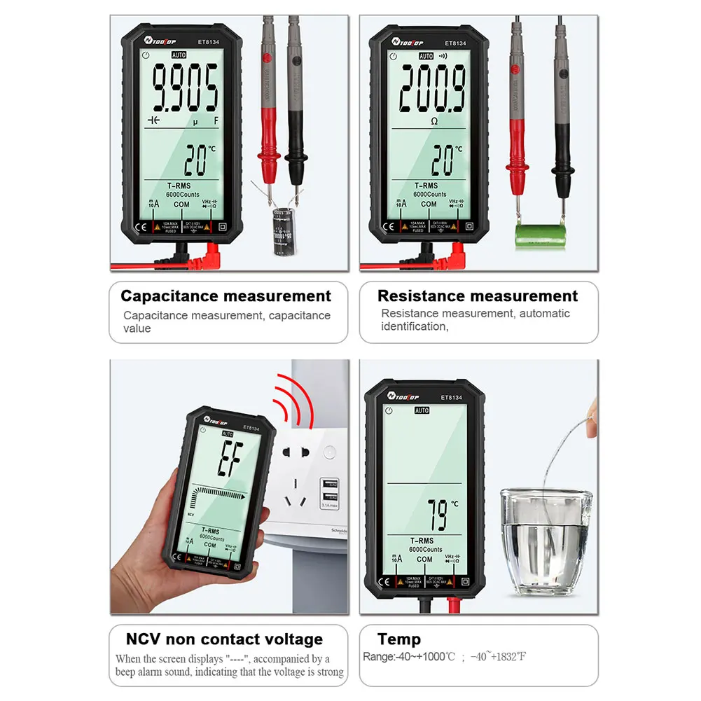 

ET8134 NCV Digital Multimeter LCD Backlight Auto Range 6000 Count AC DC Voltmeter Ammeter Ohm Voltage Tester Capacitance Meter