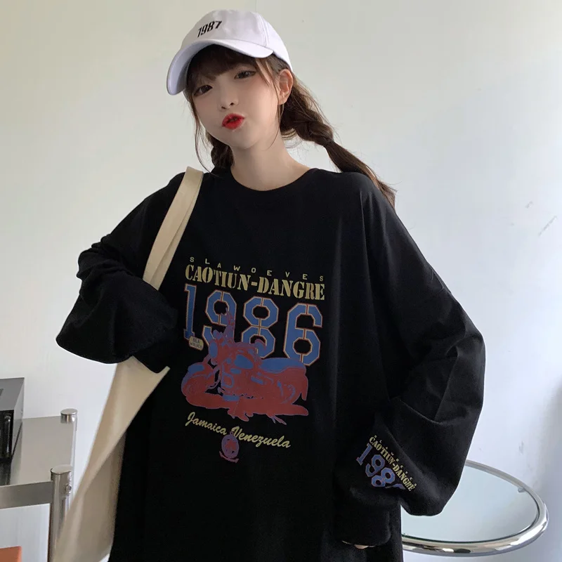 

Европейская уличная Ретро футболка с длинным рукавом Женская свободная уличная мода в стиле Ins шикарный стиль хип-хоп