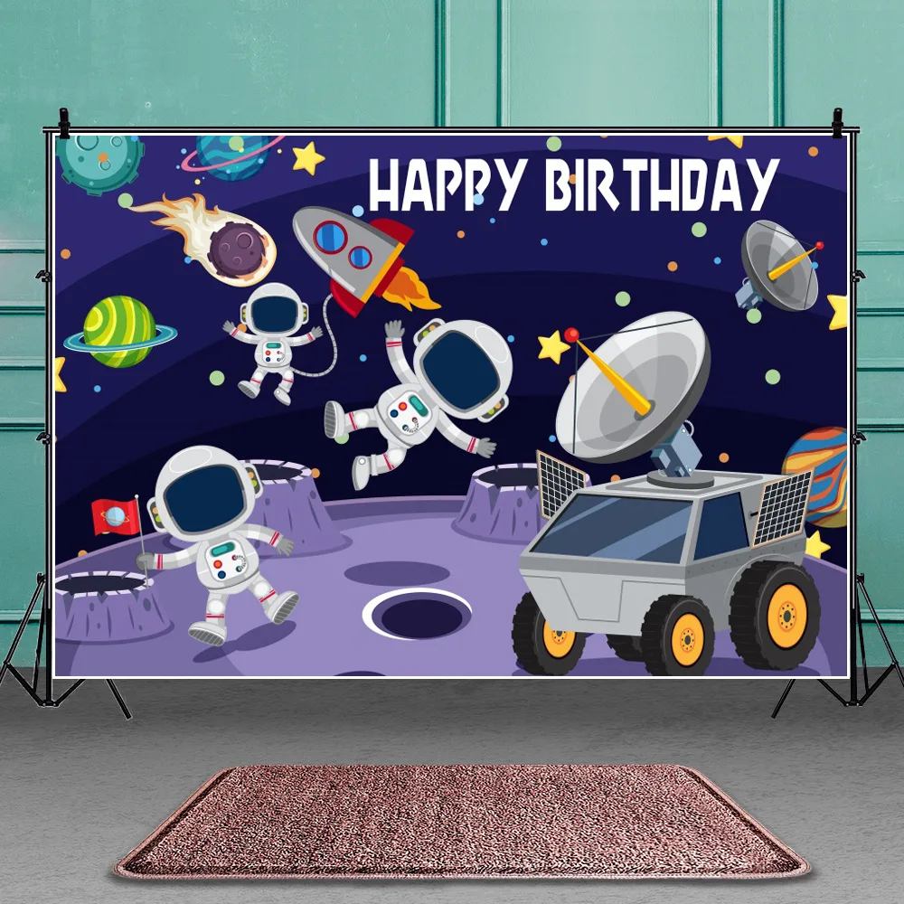 

Outer Space Rocket Astronaut Backdrop for Baby Boy Kids Universe Planet Galaxy Birthday Party Vinyl Photoshoot Background Photo