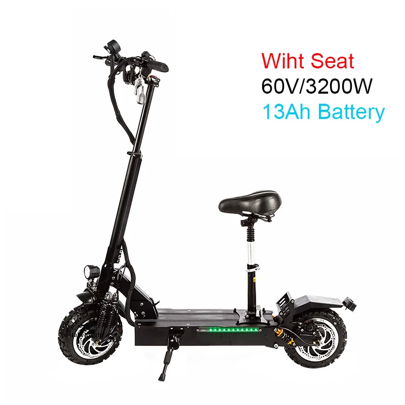 With Seat 13Ah Halo В рыцарском стиле электрический скутер двойной диск 60V 3200W с деревянным сиденьем 11 дюймов внедорожные шины складной электрический мотоцикл, способный преодолевать Броды для взрослых - Цвет: With Seat 13Ah