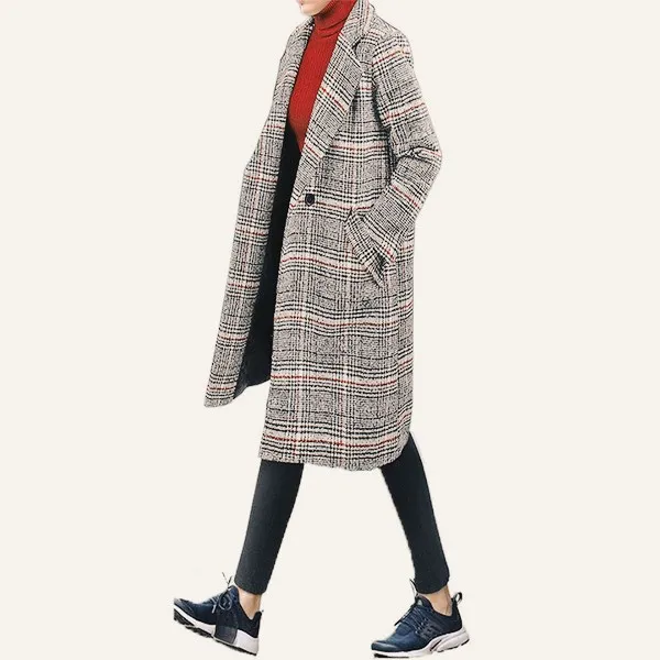 

Womens Casual Loose Fashion Double Breasted Button Houndstooth Plaid Jackets Coats Female OL Wool Blazers Jacket Outerweaar