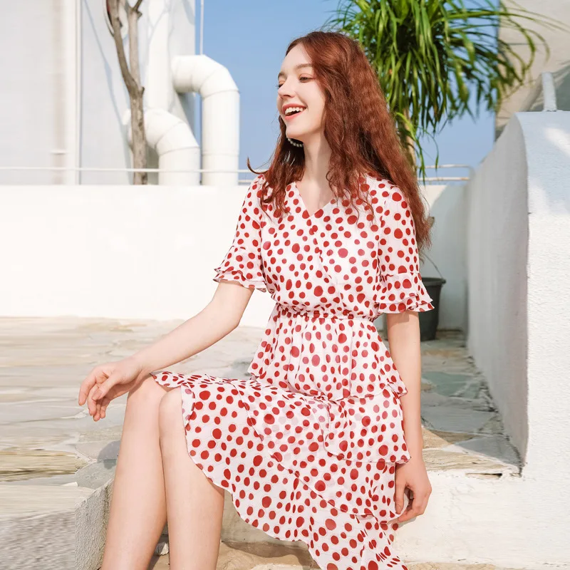 

2020 summer new boutique women's polka dot printed trumpet short sleeve a-line dresses lady Causal vacation Party chiffon dress