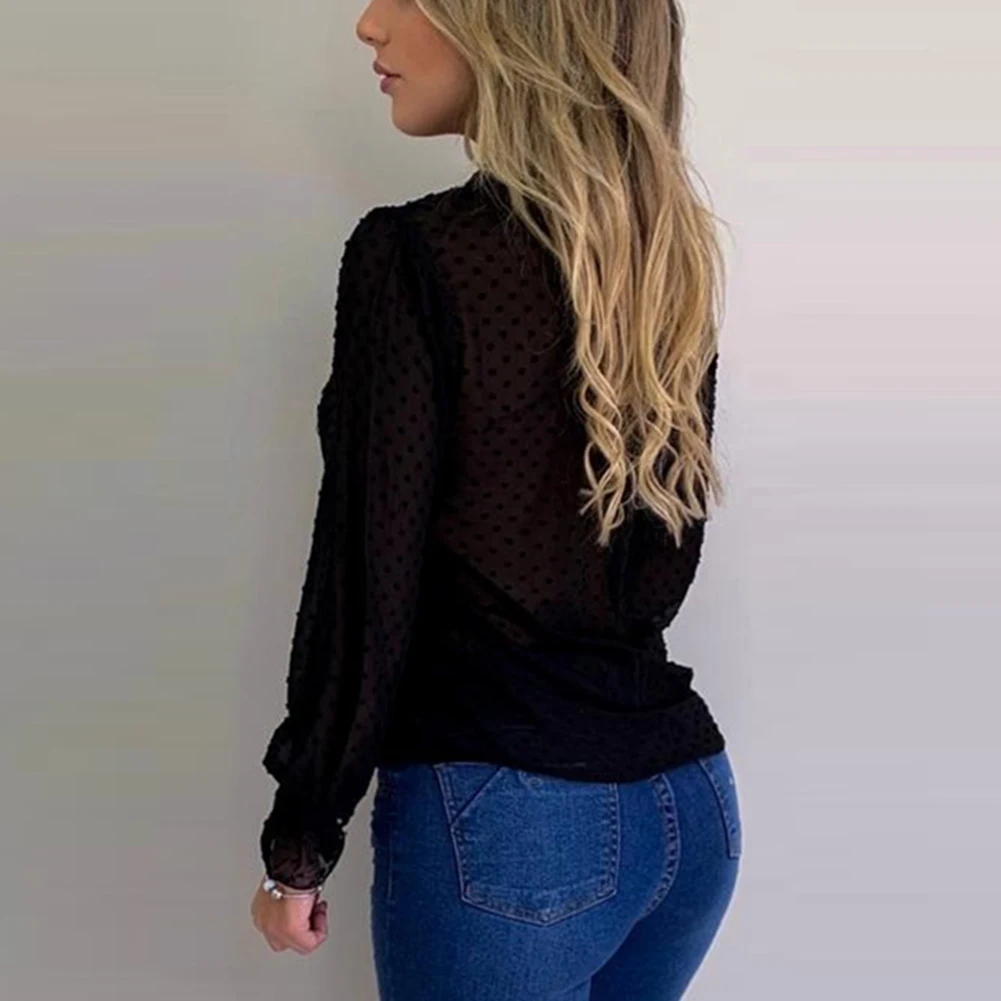 Рубашка в горошек с длинным рукавом на пуговицах женские летние топы блузки