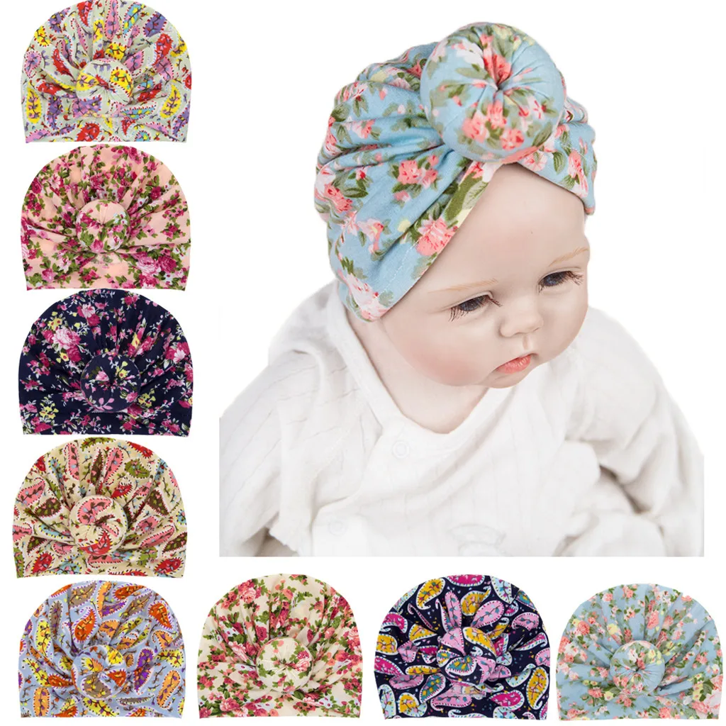 Шапка для новорожденных шапка с узелком и цветочным принтом мальчиков девочек