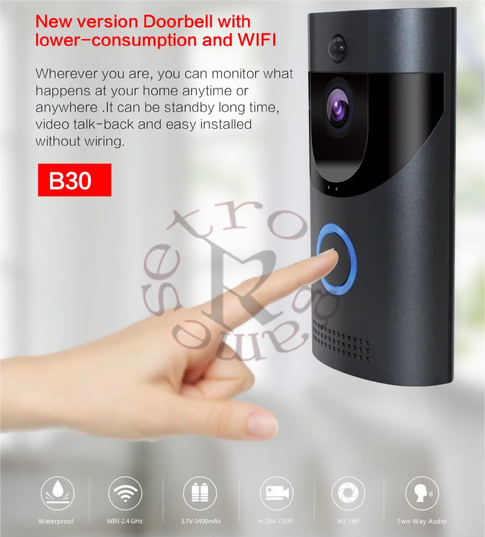 Anytek B30 WIFI Doorbell B30 IP65 waterproof Smart video Door chime 720P wireless intercom FIR Alarm IR night vision IP camera