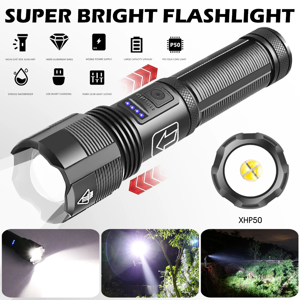 

Сверхмощный светодиодный фонарик XHP50, 5 режимов, USB, зум-фонарик, встроенный аккумулятор 18650, водонепроницаемый фонарь, ультра яркий фонарь дл...