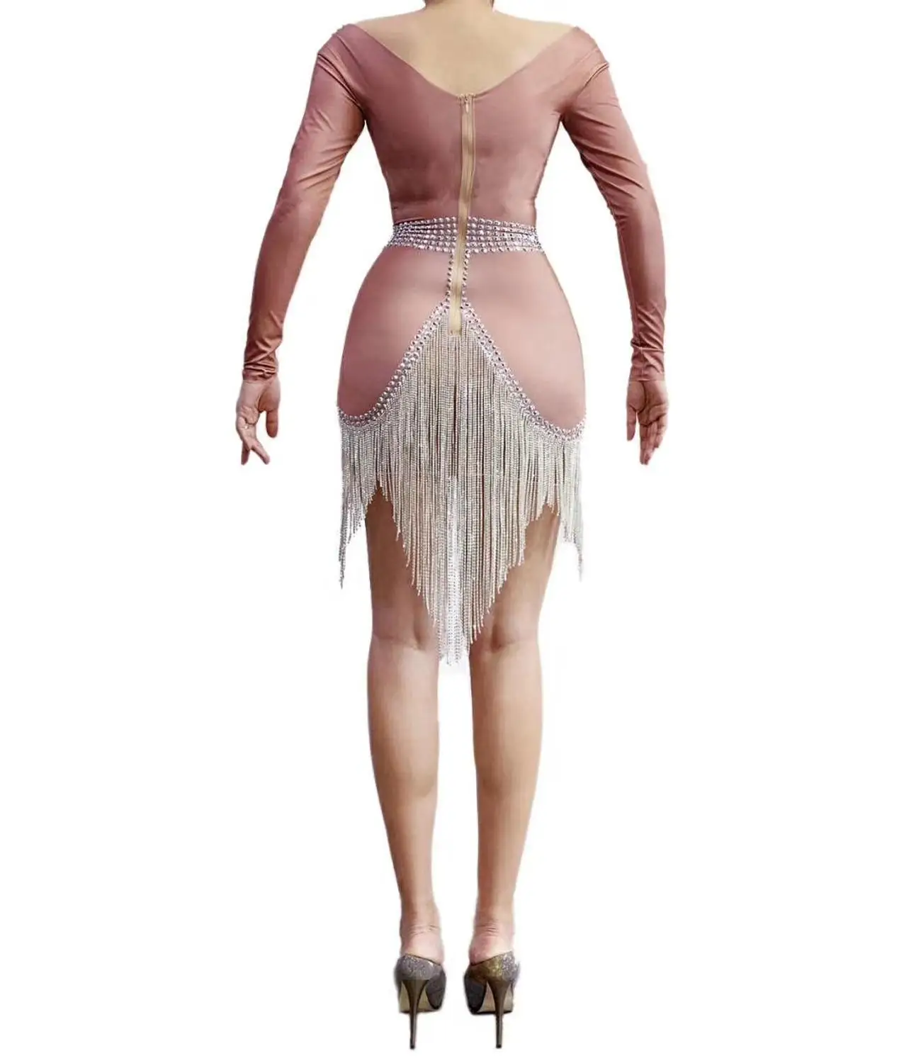 

Christmas one-piece Shiny Rhinestones tassels Dress women costumes nightclub Evening party show performance prom singer dancer