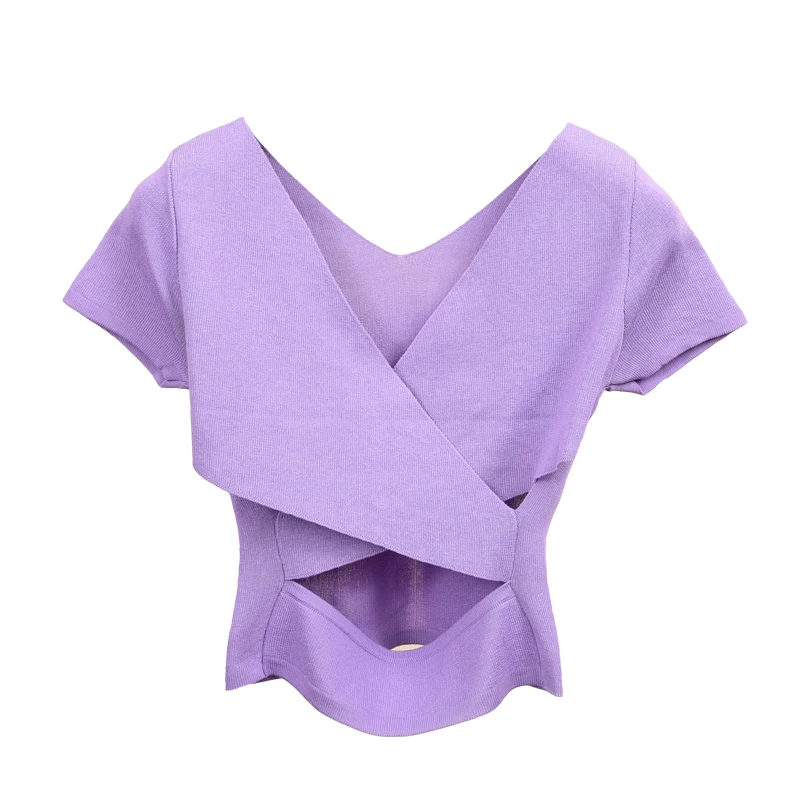 

HELIAR Women Knitted T-shirts Cross Crop Tops Ladies V-neck Crop Tees Solid Short Sleeve T-shirts Women 2021 Summer Tees