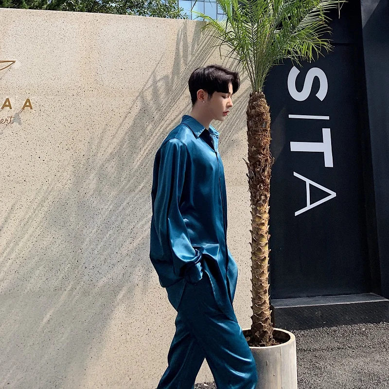 Рубашка мужская атласная с длинным рукавом тонкая Сорочка свободного покроя в