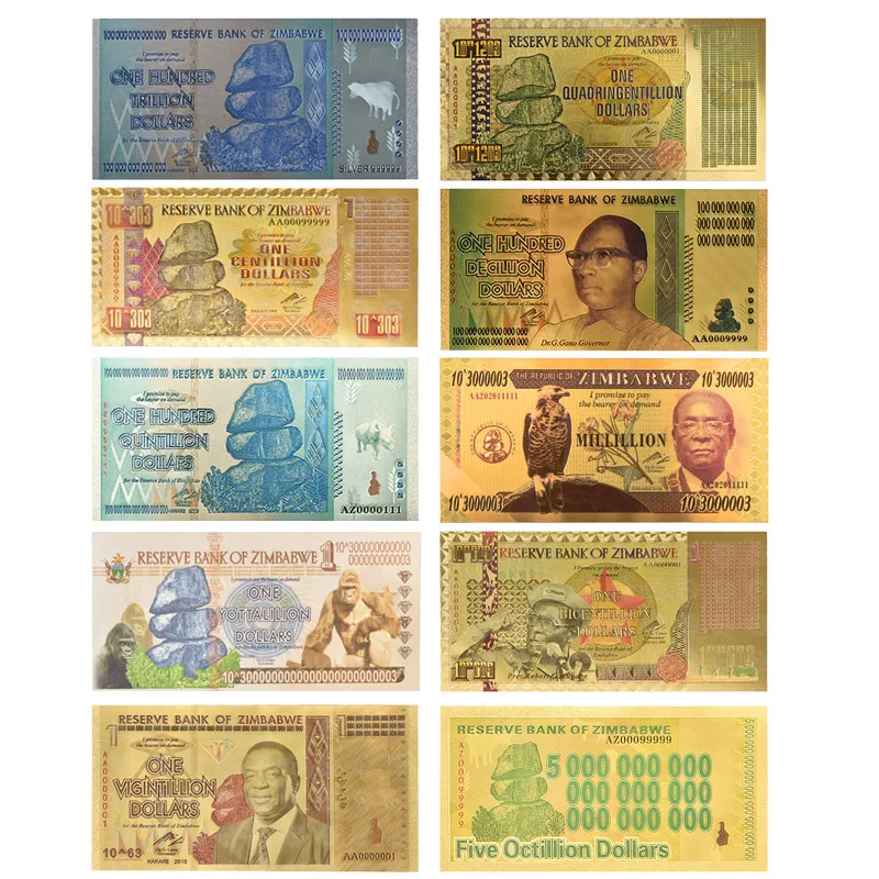 10 Styles Colored 24K Gold Foil Zimbabwe Dollar Banknolte 100 Trillion Quintillion Zimbabwe Octillion Fake Money Bill Collection