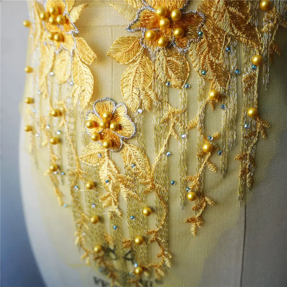 Желтая кружевная ткань цветок кисточки бусины стразы вышитые платья Аппликации