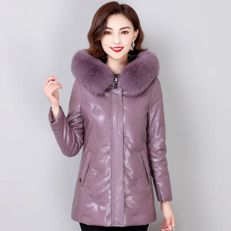 

Real Fox Fur Collar Women's Winter Women Down Coats Hooded Fashion Brand 90% White Duck Down Leather Jacket Warm Female Parka