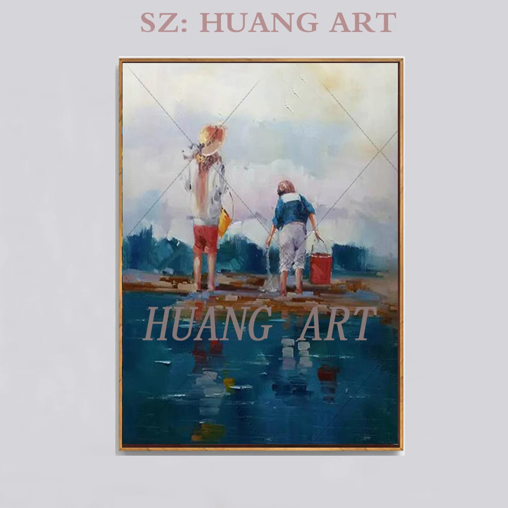 

Landscape fashion canvas painting knife thick oil in the modern image of the wall of sea beach child family decorated hall sofa
