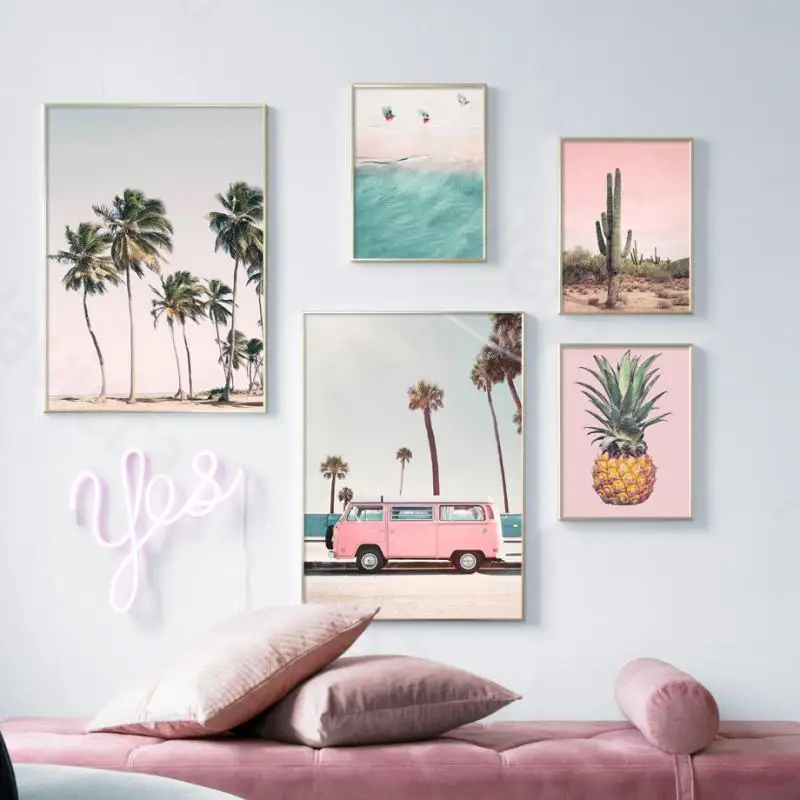 Настенная картина с изображением розового автобуса кактуса ананаса голубого