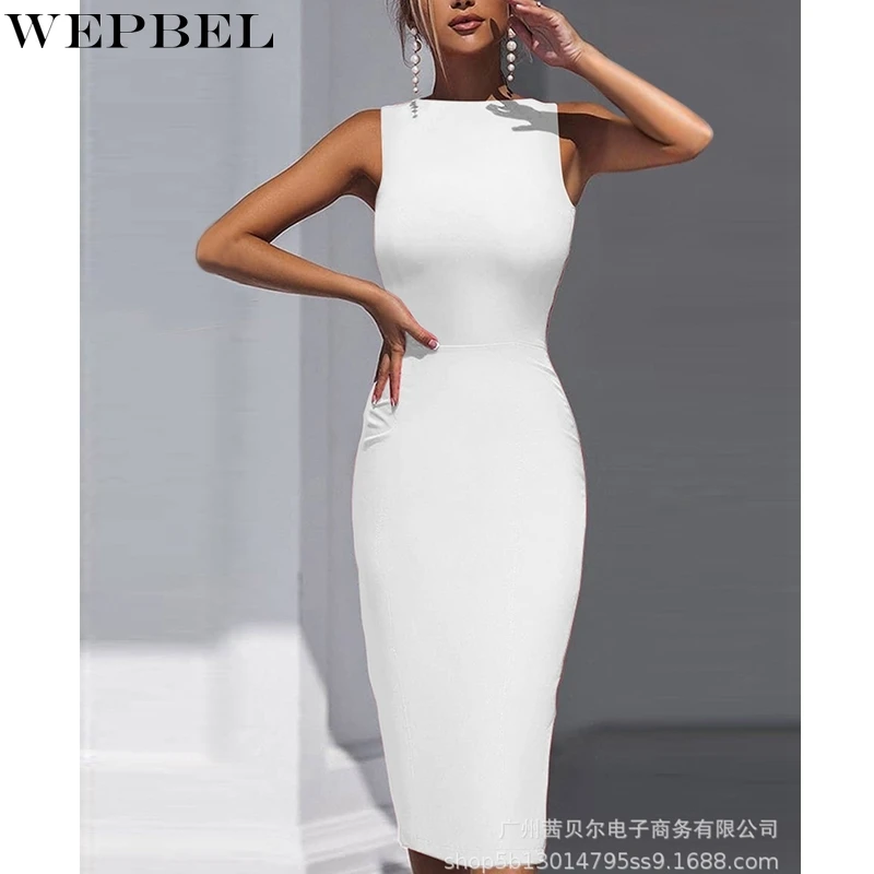 

WEPBEL Fashion Sleeveless Dress Women's Sexy Slim Lace Backless Dress Summer O-Neck High Waist Solid Color Split Dress