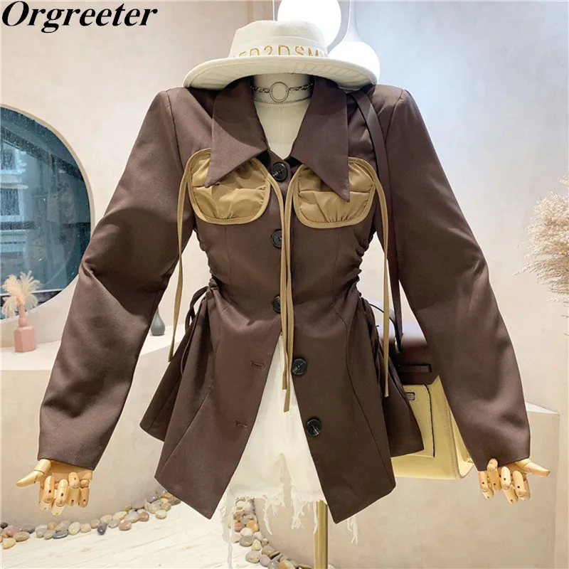

Vintage Colorblock Cut Out Lace Up Mini Blazer Dress Women Lapel Long Sleeve Drawstring Sexy High Waist Slim Streetwear Suit