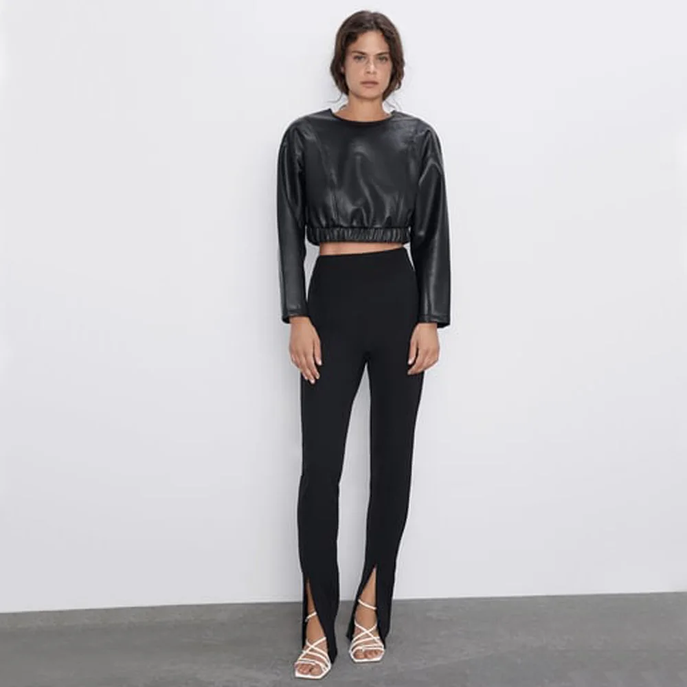 Женский кожаный короткий Свитшот ZA Черный Повседневный свитшот в стиле панк