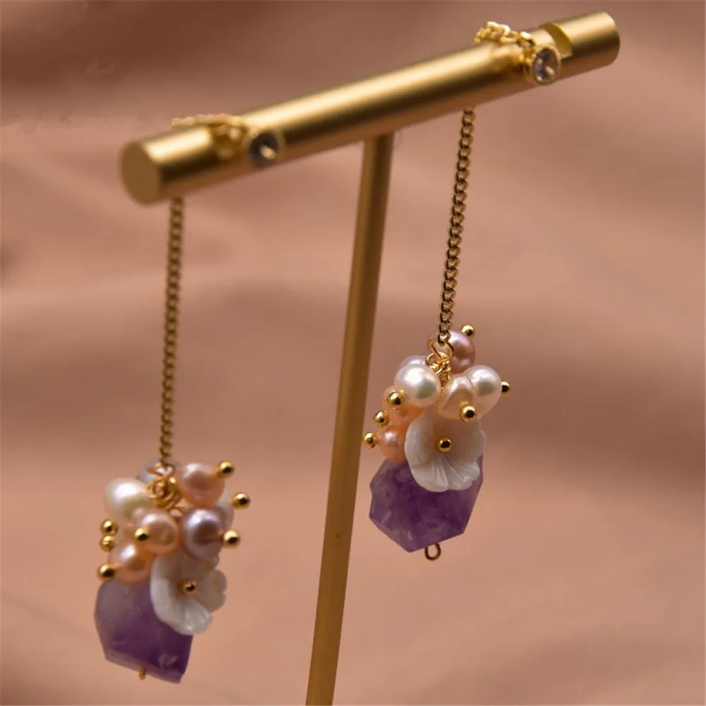 

Natural Freshwater Pearl Flower Charm Earrings Long Style Korean Fashion Amethyst Trendy Tassel Earring Women Luxury Jewelry