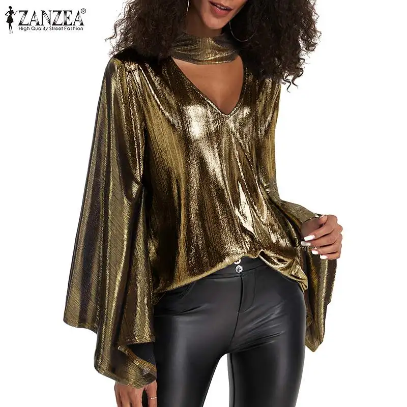 

ZANZEA Female Clothing Blusa Gold Blouse Mujer 2022 Women Elegant Shiny Blouse Casual Halter Neck Blusa Cape Tops Metallic Shirt