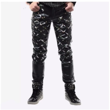 Мужские певицы танцовщицы Шоу DJ костюмы для бара черные красные кожаные брюки