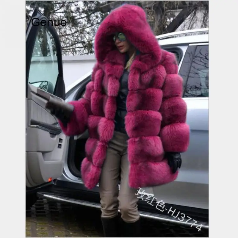 Шуба с капюшоном из меха синего лисьего Толстая теплая куртка искусственного для