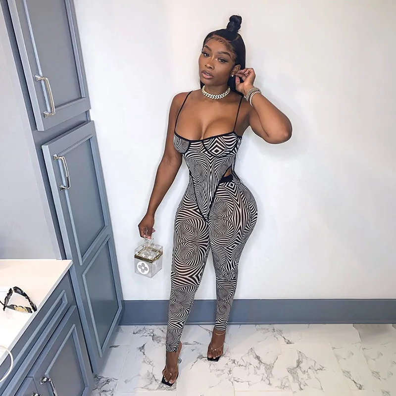 

Sexy Zebra Print Mesh Two Piece Set Women Clothing Spaghetti Strap Bodysuits+Pants Two Piece Woman Clothes Female Suit Set