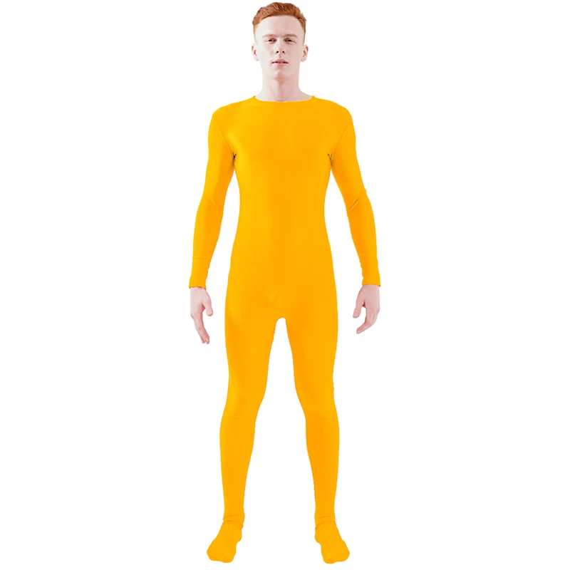 Yellow Ensnovo, блестящий комбинезон на молнии, Zentai, колготки для всего тела для мужчин, боди на заказ, костюм из цельного спандекса с длинным рукавом - Цвет: Yellow