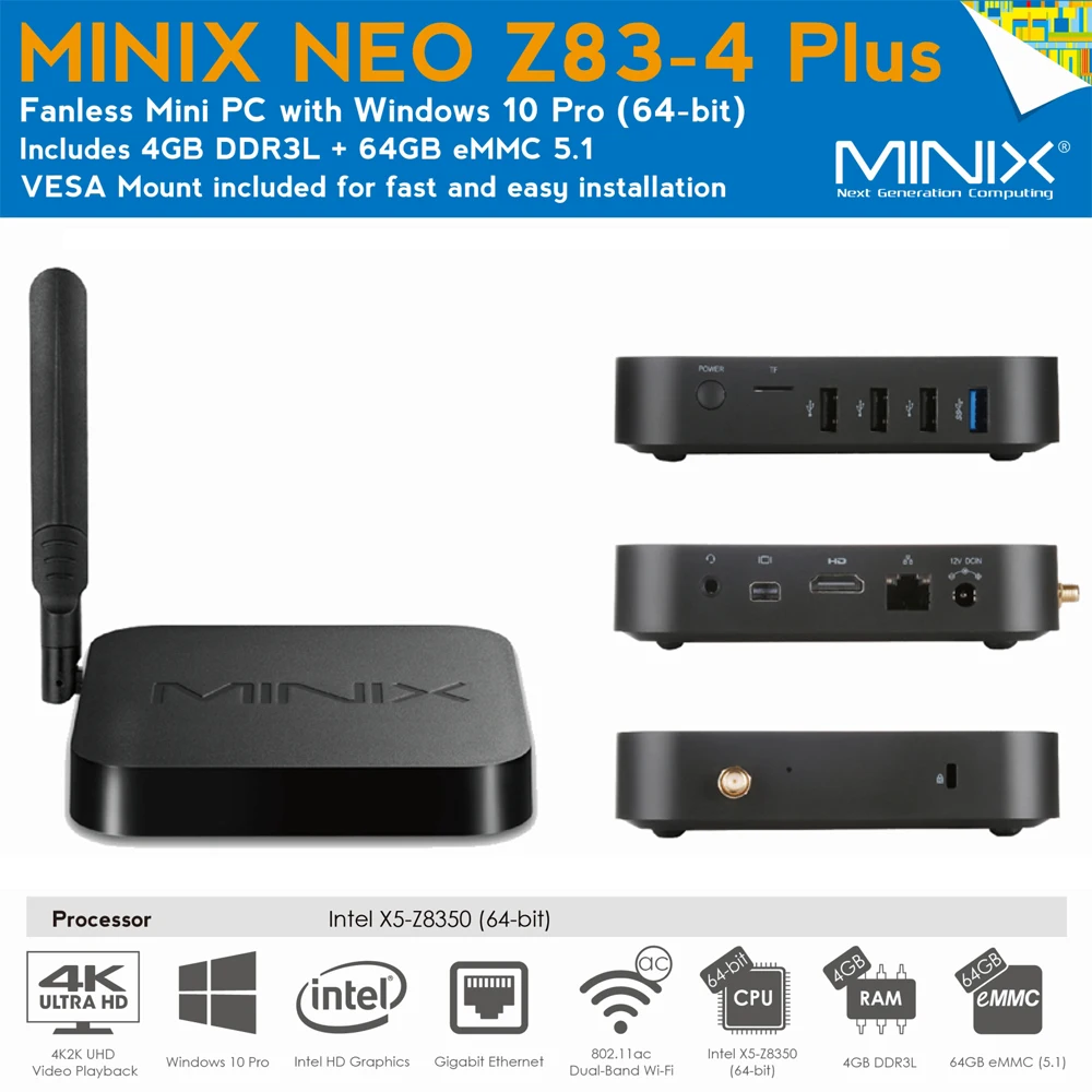 Новейший мини ПК MINIX NEO Z83 4 Plus Win10 Pro Intel X5 Гб 64 смарт медиаплеер BT4.2 двухдиапазонный