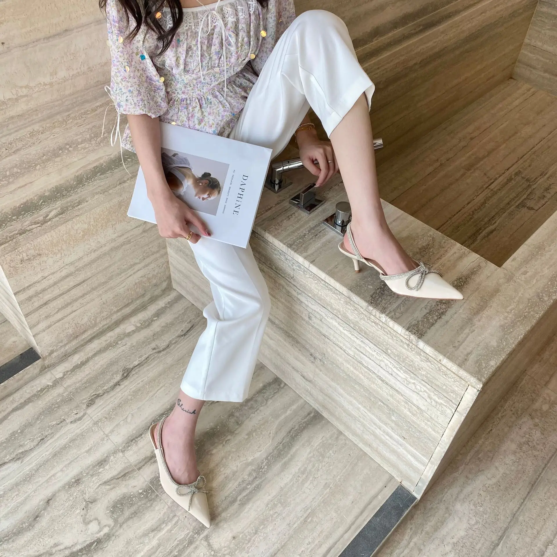 

Spring Shoes Sandals Stiletto Heels Med 2021 Women's Suit Female Beige Closed Pointed Rhinestone Comfort High Medium New Girls S