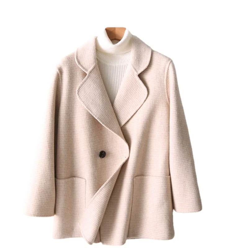 

Осень 2021 Новинка 100% шерстяные пальто женские короткие корейские модные осенние пальто средней длины двустороннее шерстяное пальто женская...