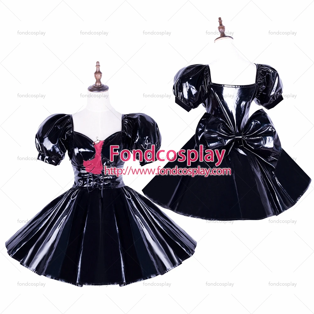 

fondcosplay adult sexy cross dressing sissy maid Gothic lolita punk black heavy PVC dress big Bow Costume Tailor-made [G1657]