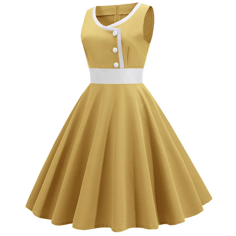 Фото Solid Vintage Women Summer Dress Sleeveless Casual Elegant Chic O Neck A-Line Knee-Length Party Dress №3
