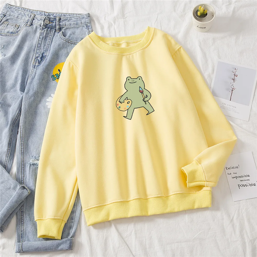 Frog Swearshirt Long Sleeve Harajuku Basic Hoodies Crewneck Womens Sweatshirts Funny Graphic Sweetshirt for Girls Fashion Tops