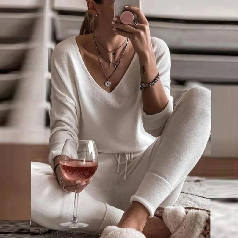 

Women Casual Clothing Suit Winter Autumn Solid Slim Stretch Pajamas V-neck Pullovers + Pants Two-Piece Suit Outfits for women