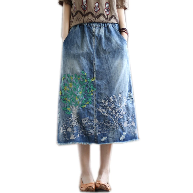 Женские юбки с вышивкой потертые длинные джинсовые средней длины в стиле девушки