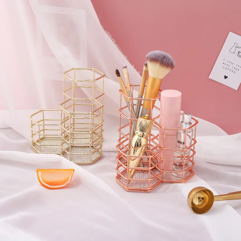 Держатель для кистей макияжа ведерко ручек шестигранный металлический