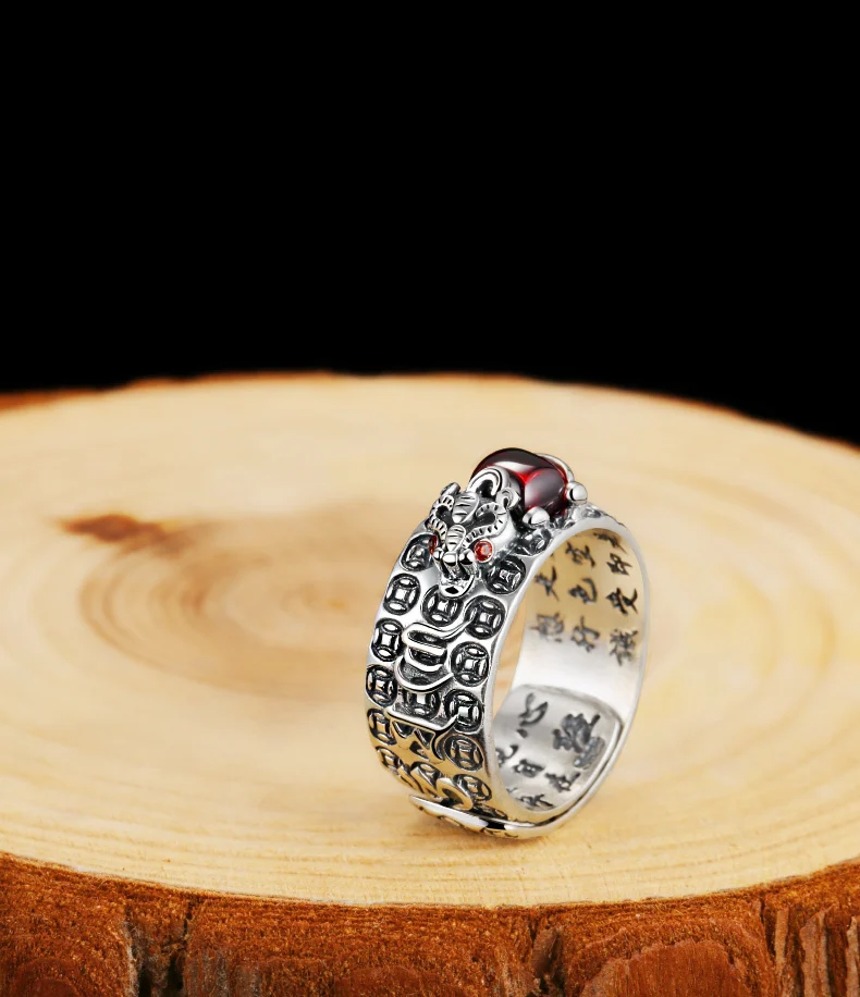 ZABRA 925 Sterling Silver Religion Adjustable Size 7.5 to 11.5 Ring For Women Men Lettering Brave Troops Red Zircon Birthday