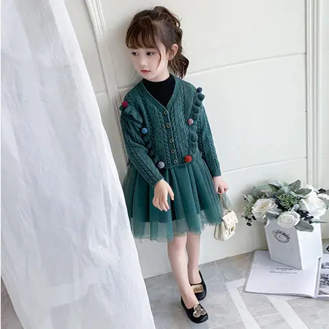 2021 демисезонный Элегантный комплект одежды для маленьких девочек, вязаная куртка + Сетчатое платье-пачка, модные детские костюмы для девоче... от AliExpress RU&CIS NEW