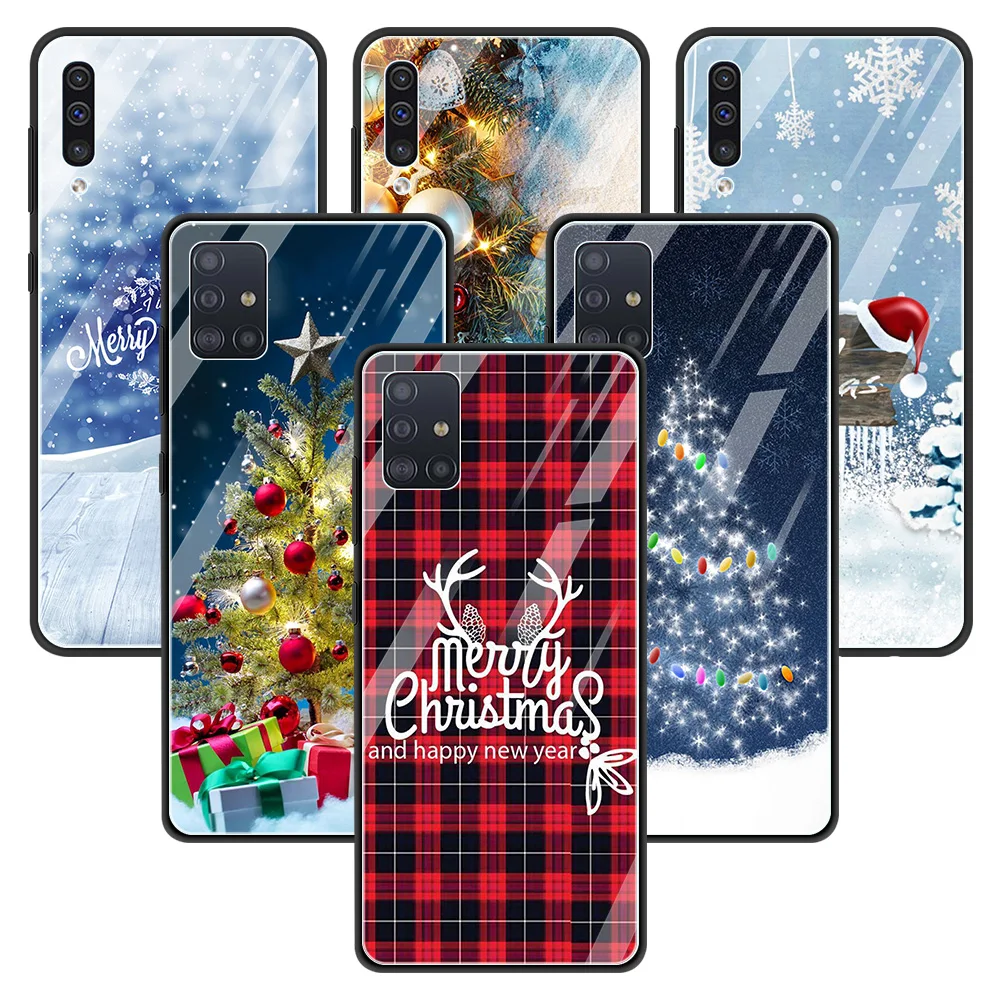 

Glass Case For Samsung A71 A52 A51 A91 A81 A72 A41 A31 A21s A21 A11 A01 M51 M31 M21 Shell Fundas Merry Christmas Tree SnowFlakes